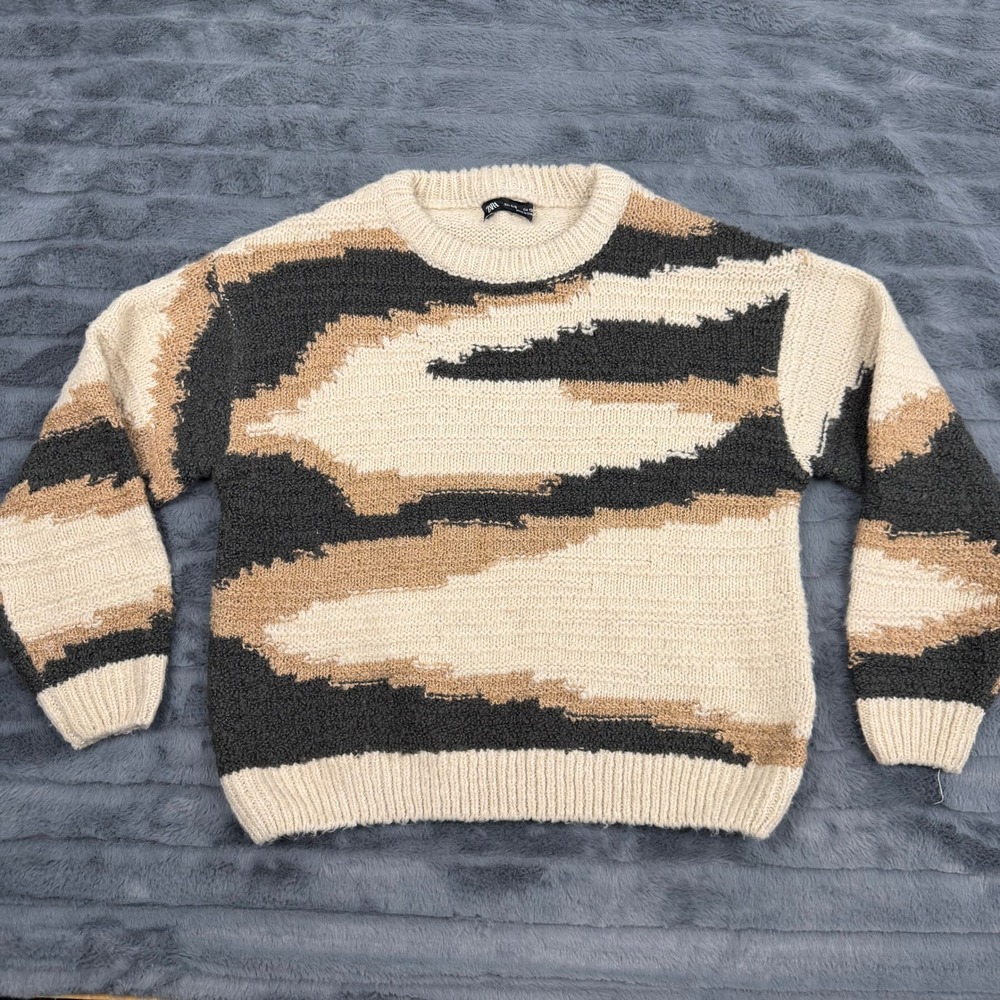 Zara Kids Abstract Wave Colorblock Knit Sweater Cream Grey Tan Size 8/9 134cm